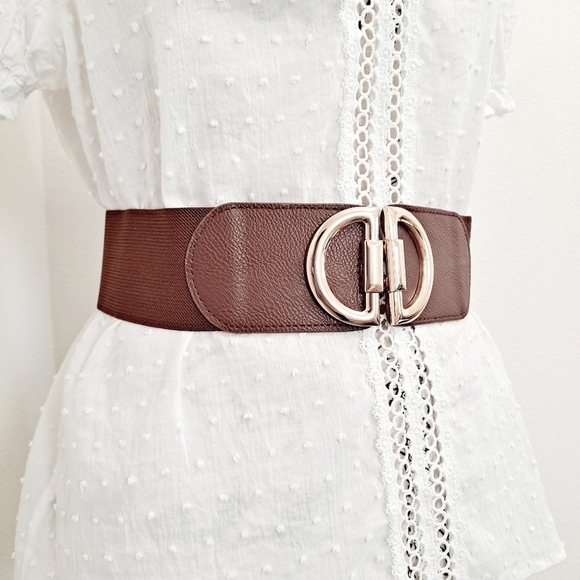 Brown elastic gold buckle corset wide cinch stretch waist statement dress Belt - Picture 11 of 12